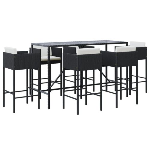 Градински бар комплект с възглавници 7 части черен полиратан