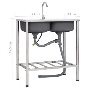 Къмпинг мивка, двойно корито, с кран, неръждаема стомана