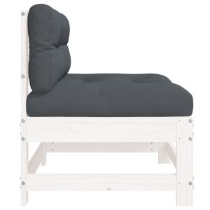 Среден диван с възглавници, бял, борово дърво масив