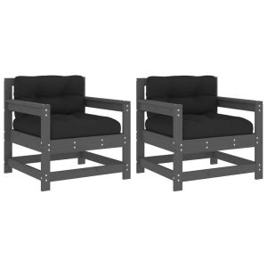 Градински столове с възглавници, 2 бр, сиви, бор масив