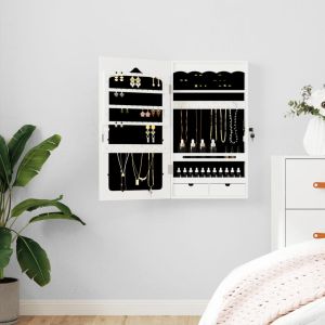 Огледален шкаф за бижута, стенен монтаж, бял, 37,5x10x67 см