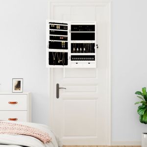 Огледален шкаф за бижута с LED осветление, стенен монтаж, бял