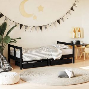 Рамка за детско легло с чекмеджета, черно, 80x160 см, чам масив
