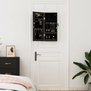 Огледален шкаф за бижута, стенен монтаж, черен, 30x8,5x67 см