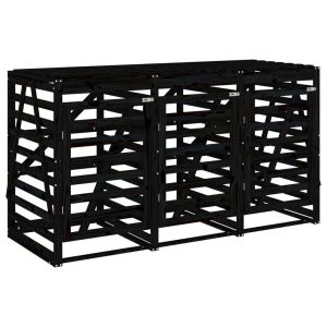 Троен навес за съхранение на кофи за боклук, черен, бор масив
