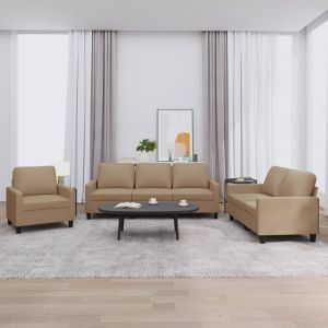 Комплект дивани 3 части с възглавници капучино изкуствена кожа