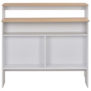 Бар маса с 2 плота, бяло и дъб, 130x40x120 см