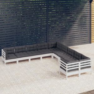 Градински лаундж комплект с възглавници, 10 части, бял, бор