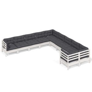 Градински лаундж комплект с възглавници, 10 части, бял, бор