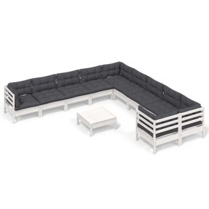 Градински лаундж комплект с възглавници, 11 части, бял, бор