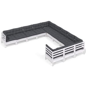 Градински лаундж комплект с възглавници, 11 части, бял, бор