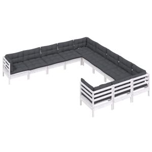 Градински лаундж комплект с възглавници, 11 части, бял, бор