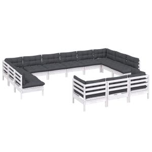 Градински лаундж комплект с възглавници, 13 части, бял, бор