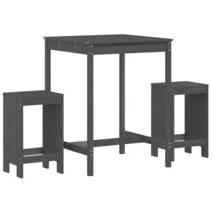 Градински бар комплект от 3 части, сив, масивно дърво бор