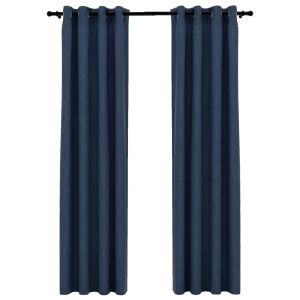Затъмняващи завеси имитация лен с отвори 2 бр сини 140x225 см