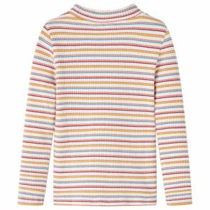 Детска тениска с дълги ръкави, ниска яка, раирана, екрю, 92