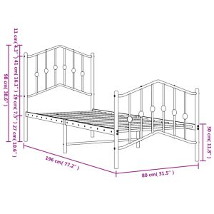 Метална рамка за легло с горна и долна табла, черна, 75x190 см