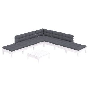 Градински лаундж комплект с възглавници, 8 части, бял бор