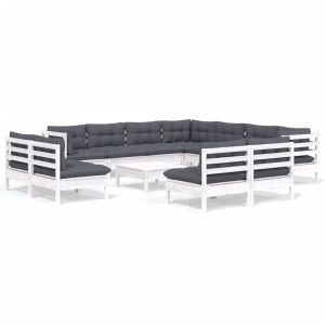 Градински лаундж комплект с възглавници 12 части бял бор масив