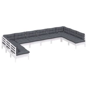 Градински лаундж комплект с възглавници 10 части бял бор масив