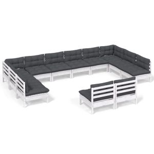 Градински лаундж комплект с възглавници 12 части бял бор масив