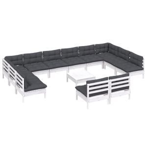 Градински лаундж комплект с възглавници 13 части бял бор масив