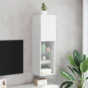 ТВ шкаф с LED осветление, бял, 30,5x30x102 см