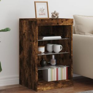 Сайдборд с LED светлини, oпушен дъб, 41x37x67 см