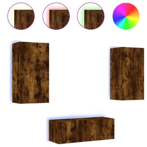 ТВ стенни модули с LED, 4 части, опушен дъб, инженерно дърво