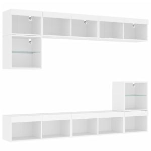 ТВ стенни модули с LED, 8 части, бели, инженерно дърво
