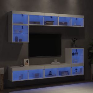 ТВ стенни модули с LED, 8 части, бели, инженерно дърво