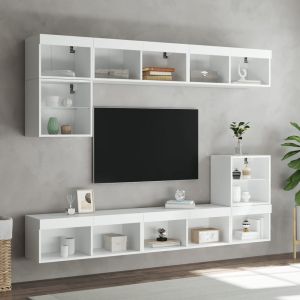 ТВ стенни модули с LED, 8 части, бели, инженерно дърво