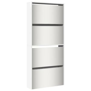 Шкаф за обувки с огледало, 4 нива, бял гланц, 63x17x134 см