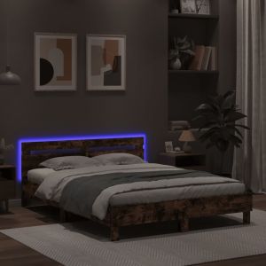 Рамка за легло с табла и LED, кафяв дъб, 150x200 см