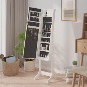Стоящо огледало с LED, бяло, 34x37x146 см
