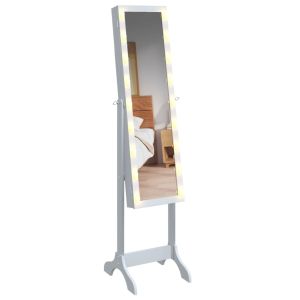 Стоящо огледало с LED, бяло, 34x37x146 см