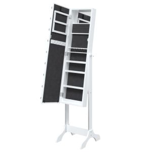 Стоящо огледало с LED, бяло, 34x37x146 см