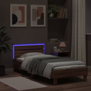 Рамка за легло с табла и LED осветление, кафяв дъб, 90x190 см