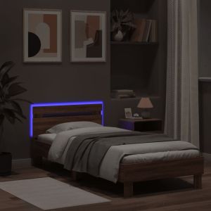 Рамка за легло с табла и LED осветление, кафяв дъб, 75x190 см