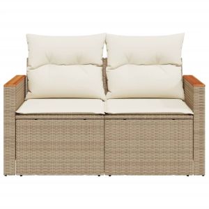 Градински диван с възглавници 2-местен бежов полиратан