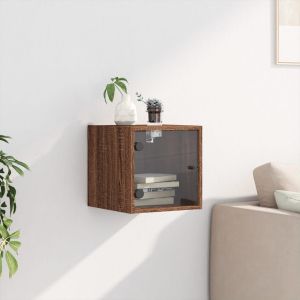 Нощно шкафче със стъклена врата кафяв дъб 35x37x35 см