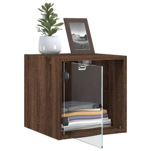 Нощно шкафче със стъклена врата кафяв дъб 35x37x35 см