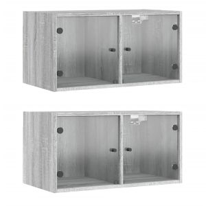 Стенни шкафове със стъклени врати 2 бр сив сонома 68,5x37x35 см