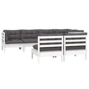 Градински лаундж комплект с възглавници, 7 части, бял бор
