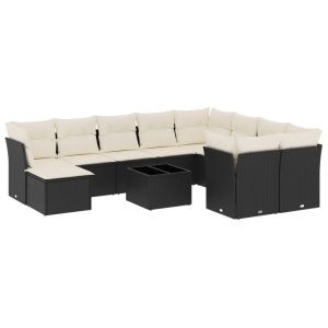 Градински комплект диван с възглавници 11 части черен полиратан