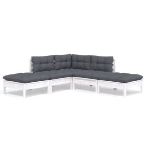 Градински лаундж комплект с възглавници, 5 части, бял бор