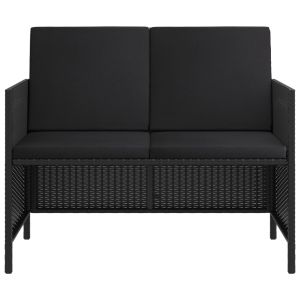 Градински комплект с възглавници, 6 части, черен, полиратан