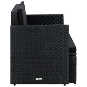 2-местен градински диван с възглавници, черен, полиратан