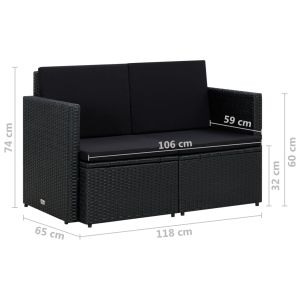 2-местен градински диван с възглавници, черен, полиратан