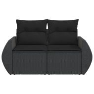 Градински диван с възглавници, двуместен, черен, полиратан
